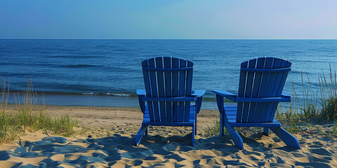 Two blue beach chairs are sitting on the sand near the water