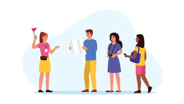 Vector illustration of a tourist guide girl. Cartoon scene of a pretty girl tour guide holding a red flag, with badge, guy with map, girl with camera, smartphone isolated on white background.