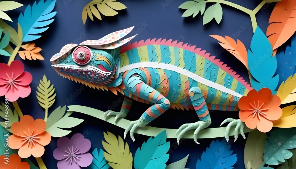 Wall mural A vibrant paper cut out of a chameleon featuring various colors and intricate details