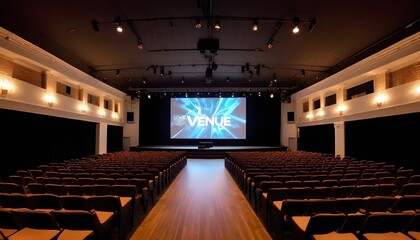 A wide auditorium with rows of seating leading towards a large projection screen at the front