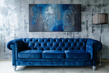 Contemporary living room featuring a deep blue velvet sofa set against a minimalist gray wall with abstract art.