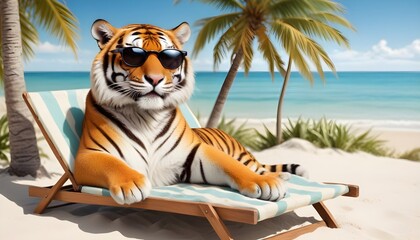 A tiger looking relaxed in a beach chair, wearing sunglasses under the sun