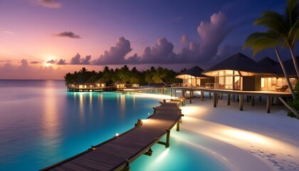 Fototapeta premium The Maldives resort stands out in silhouette against the colorful dusk sky, reflecting on the calm ocean waters