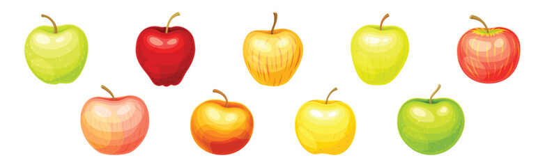 Ripe Sweet Apple Fruit of Bright Color Vector Set