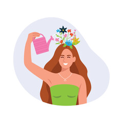 Vector illustration of a girl who thinks positively. Cartoon scene of a beautiful girl with lush hair, in a green dress, a decoration on her neck, watering flowers with a watering can on her head.