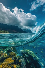 A mesmerizing background image capturing the vibrant colors of the ocean currents and a variety of fish species, Wide-angle shots, generative ai