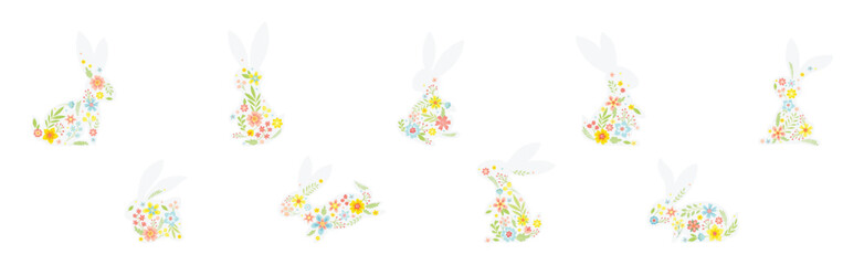 White Bunny Silhouette with Spring Flowers Vector Set