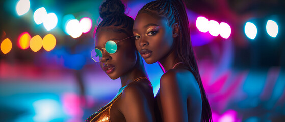 Vibrant nightlife portrait of two African American women with stylish braids and sunglasses. Copy space. Generative AI		