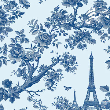 french toile pattern with eiffel towers and florals