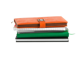 Composition with stack of notepads isolated on white.