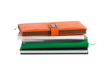 Composition with stack of notepads isolated on white.