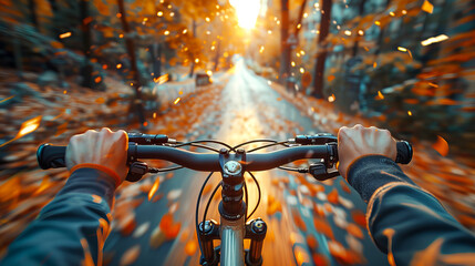 Hands holding the handlebars of a bicycle while riding through the autumn park, point of view, first-person perspective, immersive experience.