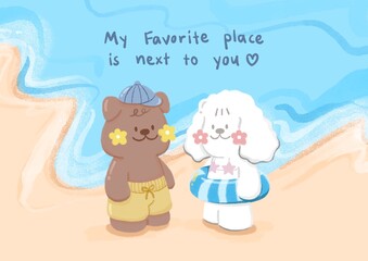 teddy with bunny on beach, illustration valentine card