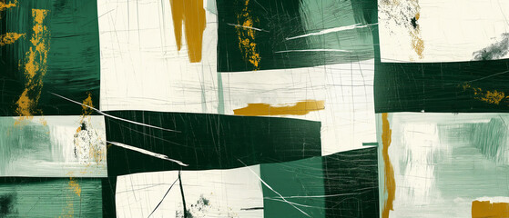 Abstract geometric painting in green, white, and gold with textured brush strokes. Generative AI	