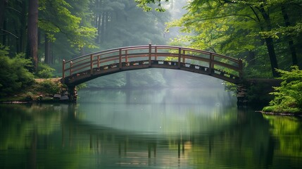 Wooden bridge over water surrounded by trees in natural landscape