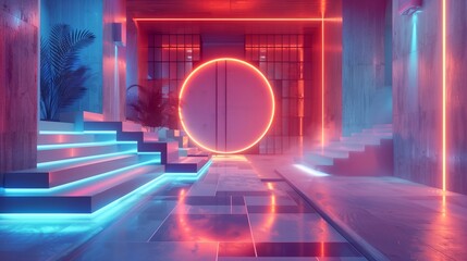 Futuristic hallway with stairs, symmetry, and a glowing magenta circle