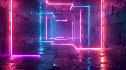 Futuristic tunnel with neon lighting in shades of purple and pink