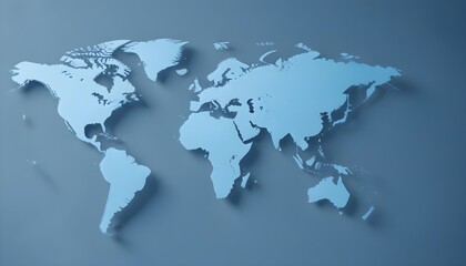 A blue world map displayed on a blue background, showing continents, countries, and oceans in shades of blue