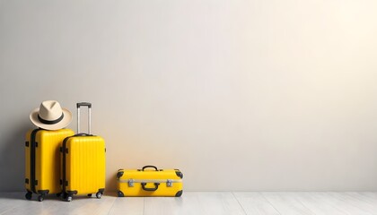 Obraz premium Two bright yellow suitcases and a matching sunhat are positioned neatly against a stark white wall