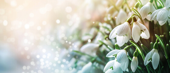 Springtime glow of snowdrop flowers in morning light. Copy space. Generative AI	