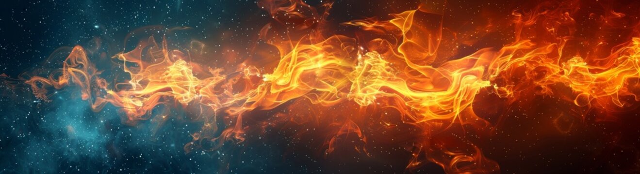 Fire flames texture on black background, panorama