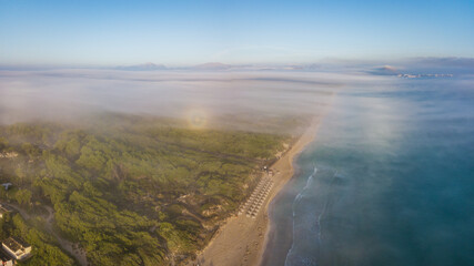 Mallorca, Alcudia beach, view from above. Sea and beach in the early morning.