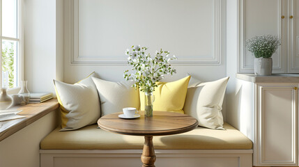 Cozy breakfast nook with a built-in bench, pale yellow pillows, and a classic round wood table.