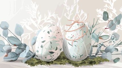 Easter eggs with tied moss and eucalyptus leaves clos