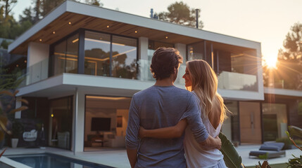 Back view of a romantic couple embracing each other outside a contemporary luxurious house with large windows at sunset