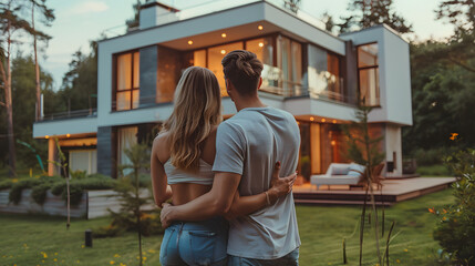 Fototapeta premium A young couple stands closely embracing, looking at their luxurious modern home during dusk, signifying relationship goals and success