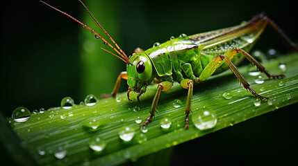 Fototapeta premium Grasshopper on a leaf with striking black eyes