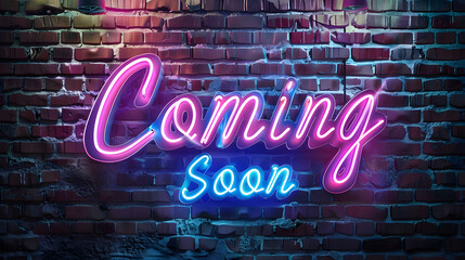 A vibrant neon sign stating 'Coming Soon' against a textured brick wall backdrop, implying an impending event or opening