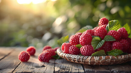 A basket filled with ripe raspberries sits in the warm glow of a sunset, highlighting freshness and...