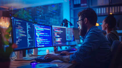 Two programmers are focused on coding on multiple computer screens in a dark office environment, possibly working on a software project