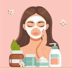 Facial skin care. Woman takes care of her skin. Cosmetic masks, cream, lotion, soap, face scrub. Illustration, vector
