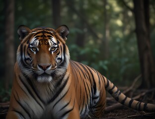 Obraz premium Portrait of Asia Bengal tiger that looking at camera isolated on clean png background, hunter in the forest, wildlife concept.