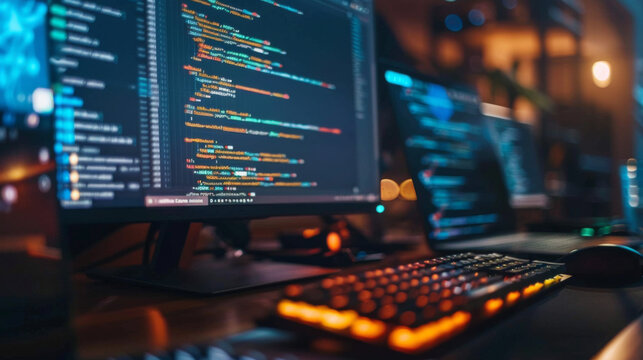 A computer monitor displays a lot of code on the screen. The computer is set up to display multiple monitors, which allows the user to work on multiple projects at once. - Powered by Adobe