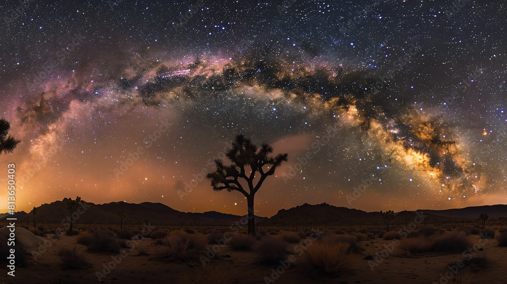 Poster amazing view of the night sky over the desert. a large joshua tree is in the foreground with a mount