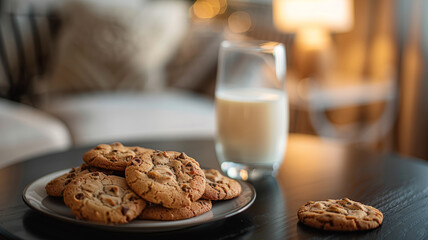 Plate of cookies and glass of milk on table