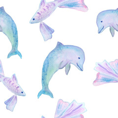 dolphin and fish violet blue seamless pattern watercolor illustration isolated on white background for design of notepads and fabric notepads.
