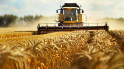 yellow combine harvester in a wheat field in summer