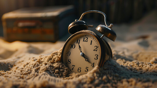 alarm clock inside sand , Time passing out concept