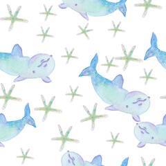 dolphin and starfish seamless pattern watercolor illustration isolated on white background for design of notepads and fabric notepads.