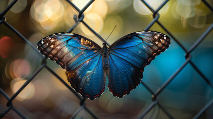 Blue butterfly on mesh fence.