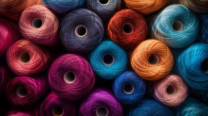 Colorful yarn spools in rows.