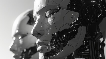 black and white portrait of a robot with smooth metallic skin and a realistic face