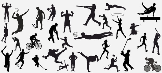 set of athletes of various sports. sports people silhouette.  american football, cycling, golf , soccer, hockey, volleyball, basketball, rugby, baseball, run