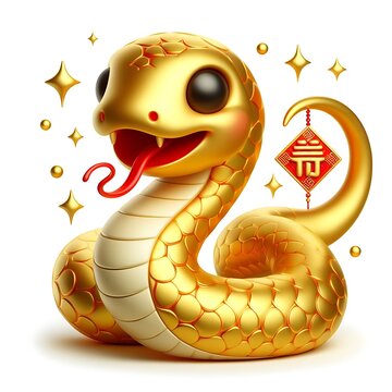 3d chinese happy gold snake with happy face, lunar new year theme, white background