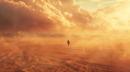 The image shows a lonely figure walking through a vast desert landscape. The figure is wearing a long cloak and is carrying a staff.