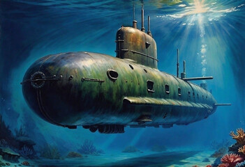 watercolor illustration of a vintage submarine. generative ai